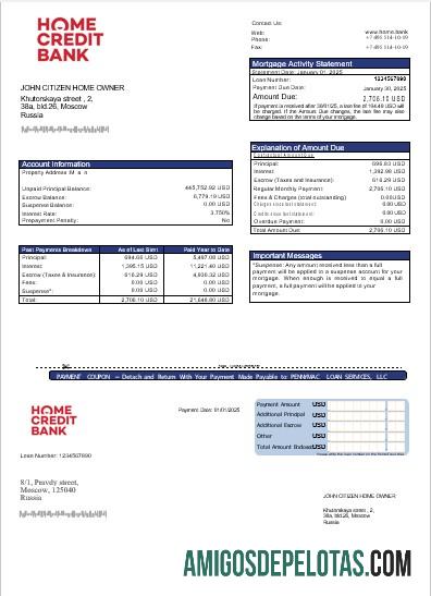 Extrato de hipoteca do banco de crédito residencial da Rússia em formatos Word e PDF amostra